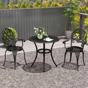 Outsunny 3 Piece Patio Bistro Set For 2, Outdoor Aluminium Garden Table And Chairs With Adjustable Footpads For Balcony, Garden And Patio, Black