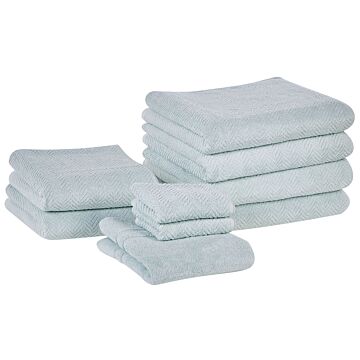 Set Of 9 Towels Light Green Terry Cotton Chevron Pattern Texture Bath Towels Guest Towels Hand Towels Bath Mat Beliani