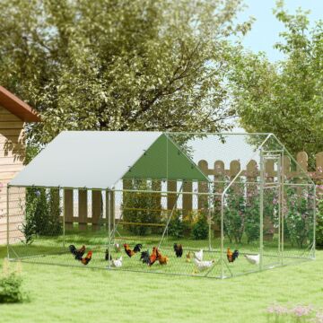 Pawhut Walk In Chicken Run W/ Cover, Feeding Door, Hanging Feeder, Perch, For 12-18 Poultry