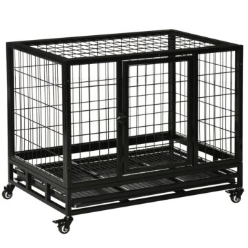 Pawhut 38" Heavy Duty Metal Dog Kennel Pet Cage With Crate Tray And Wheels - Black (medium)
