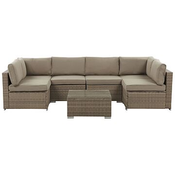 Outdoor Lounge Set Brown Faux Rattan Cushions Modular Corner Sofa For 6 People Coffee Table With Tempered Glass Top Modern 7 Piece Garden Set Beliani