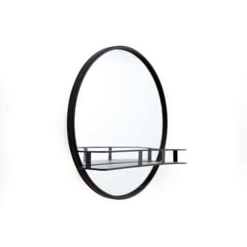 Circular Black Metal Framed Mirror With Shelf
