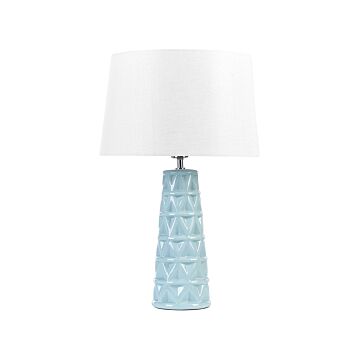 Table Lamp Blue Ceramic Glossy Base Fabric Shade Textured Night Lamp Desk Light Modern Design Beliani