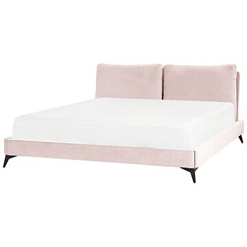 Eu Super King Size Bed Pink Velvet Upholstery 6ft Slatted Base With Thick Padded Headboard With Cushions Beliani