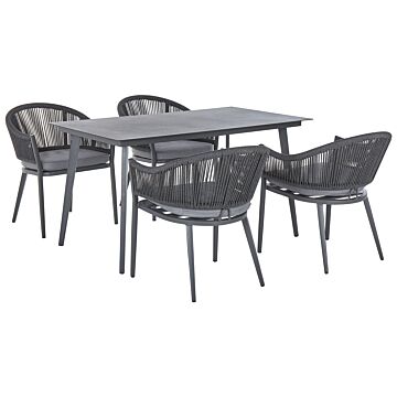 Garden Dining Set 4 Seater Grey Metal Aluminium Matte Finish Outdoor Table 4 Chairs Cushions Modern Beliani