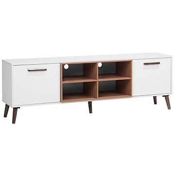 Tv Stand White With Dark Wood For Up To 78ʺ Tv Media Unit With 2 Cabinets Shelves Beliani