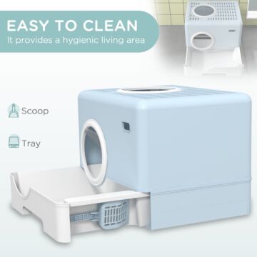 Pawhut Cat Litter Box Enclosed With Lid Front Entry Top Exit, Drawer Tray, Scoop, 52l X 41w X 38.5hcm - Blue