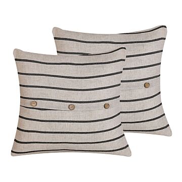 Set Of 2 Decorative Cushions Beige And Black 43 X 43 Cm Stripped Buttons Square Modern Décor Beliani
