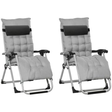 Outsunny 2 Piece Reclining Zero Gravity Chair Folding Garden Sun Lounger With Cushion Headrest Light Grey