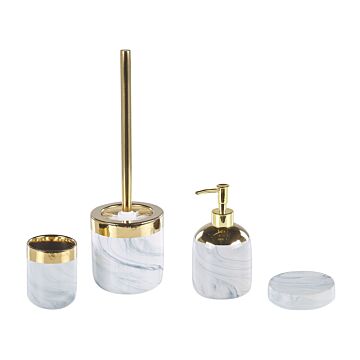 Bathroom Accessories Set White And Gold Ceramic Glam Soap Dispenser Toilet Brush Tumbler Beliani