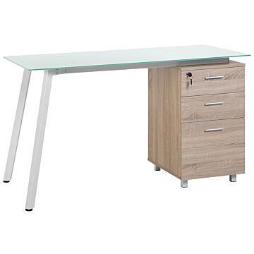 Desk Light Wood Veneer 130 X 60 Cm Glass Tabletop 3 Key-locked Drawers Beliani