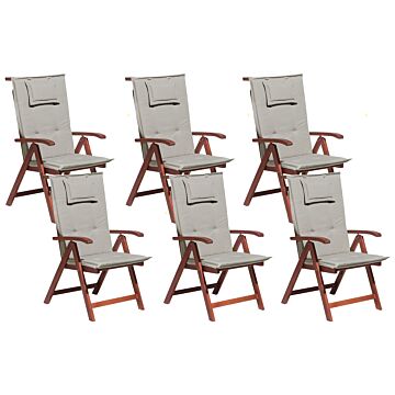 Set Of 6 Garden Chairs Acacia Wood Taupe Cushion Adjustable Foldable Outdoor Country Rustic Style Beliani