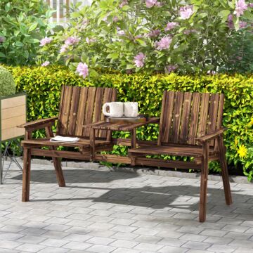 Outsunny 2-seater Garden Bench With Table & Parasol Hole, Antique Loveseat For Porch, Patio, Carbonised Finish