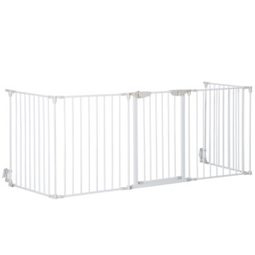 Pawhut Pet Safety Gate 5-panel Playpen Fireplace Christmas Tree Metal Fence Stair Barrier Room Divider Walk Through Door Automatically Close Lock