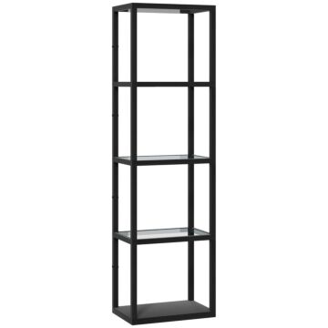 Homcom Led Floor Lamp With Glass Shelves, 4 Layers Dimmable Tall Standing Lamp, Modern Column Shelf Floor Light For Living Room, Bedroom, Office, Black