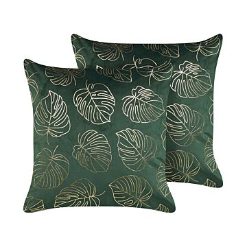 Set Of 2 Decorative Cushions Dark Green Velvet 45 X 45 Cm Leaf Print Glamour Decor Accessories Beliani