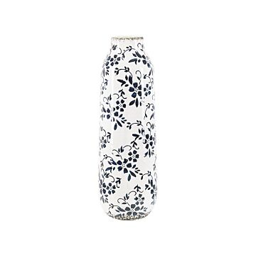 Flower Vase White And Blue Stoneware Tall 35 Cm Floral Pattern Distressed Waterproof Beliani