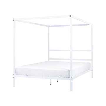 Canopy Bed Frame White Metal 160 X 200 Cm Double Size Plywood Slats Industrial Minimalist Beliani