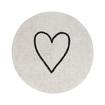 Area Rug Beige And Black Cotton Ø 140 Cm Round With Heart Pattern Boho Style Living Room Kids Children's Room Beliani