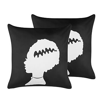 Set Of 2 Decorative Cushions Black Velvet 45 X 45 Cm Frankenstein Bride Pattern Square Halloween Accessories Decoration Beliani