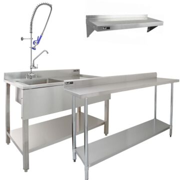 Kukoo Commercial Sink & Pre-rinse Tap - Right Hand Drainer, 6ft Stainless Steel Catering Bench, 2 X Wall Mounted Shelves With Extra Pre-rinse Commercial Tap