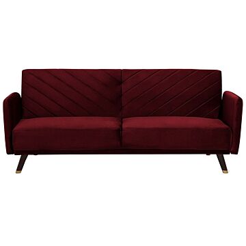Sofa Bed Dark Red Velvet Fabric Modern Living Room 3 Seater Wooden Legs Track Arm Beliani