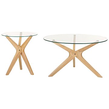 Set Of 2 Coffee Tables Light Wood Tempered Glass Tabletop Rubberwood Legs Round Modern Living Room Beliani