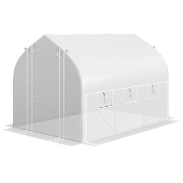 Outsunny 3 X 2m Walk-in Polytunnel Greenhouse, Zipped Roll Up Sidewalls, Mesh Door, 6 Mesh Windows, Tunnel Warm House Tent With Pe Cover, Complimentary Plant Labels And Gloves, White