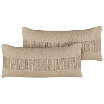 Set Of 2 Decorative Cushions Beige Jute 30 X 70 Cm Woven Removable With Zipper Boho Decor Accessories Beliani