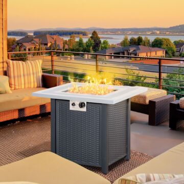 Outsunny Square Propane Gas Fire Pit Table, 40000 Btu Rattan Smokeless Firepit Patio Heater With Lava Rocks And Lid, 71cm X 71cm X 62cm, Black