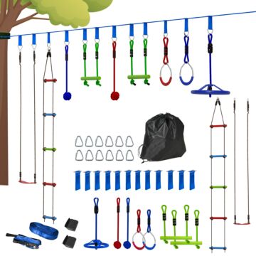 Aiyaplay 10 Piece Zip Line Kit For Kids With 10m Slackline, Monkey Bars, Swing, Climbing Ladder, Hanging Tray, Metal Rings