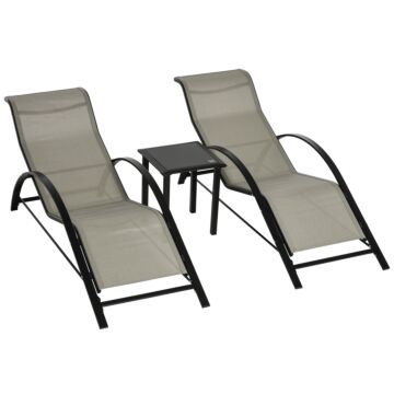 Outsunny 3 Pieces Lounge Chair Set Garden Outdoor Recliner Sunbathing Chair With Table, Grey