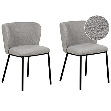 Set Of 2 Dining Chairs Grey Boucle Upholstery Black Metal Legs Armless Curved Backrest Modern Contemporary Design Beliani