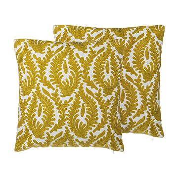 Set Of 2 Decorative Cushions Khaki Cotton Embroidered Leaf Pattern 45 X 45 Cm Floral Retro Decor Accessories Beliani