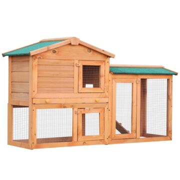 Pawhut Wooden Rabbit Hutch And Run Guinea Pig Hutch Outdoor Bunny Cage Pull Out Tray Small Animal House 145 X 45 X 85 Cm