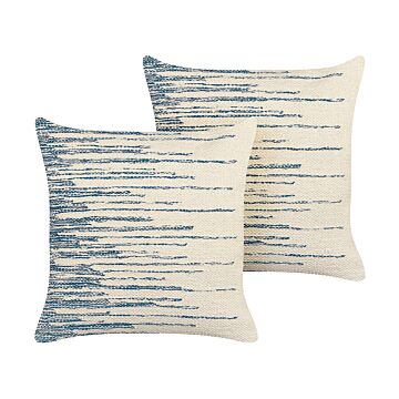Set Of 2 Decorative Cushions Beige And Blue Cotton 45 X 45 Cm Boho Design Decor Accessories Beliani