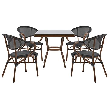 4 Seater Garden Dining Set Dark Wood Aluminium Frame Square Table And Black Stacking Chairs Beliani