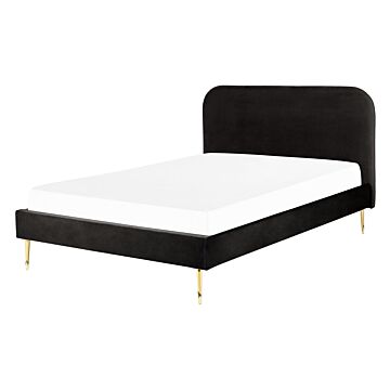 Bed Black Velvet Upholstery Eu Double Size Golden Legs Headboard Slatted Frame 4.6 Ft Minimalist Design Beliani