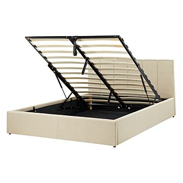 Bed Frame Beige Fabric Upholstery Eu Double Size 4ft6 Lift Up Storage With Headboard And Slatted Base Beliani