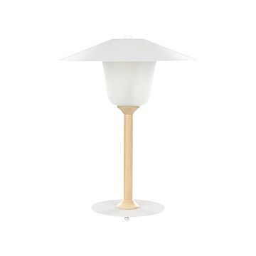 Table Lamp White Metal Shade Oak Wood Frame Minimalistic Scnadinavian Style Beliani