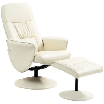 Homcom Swivel Recliner Chair With Footstool, Pu Leather Armchair And Ottoman With High Back And Round Base For Living Room, Cream White