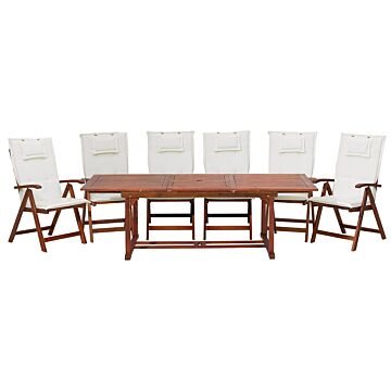 Garden Dining Set Light Acacia Wood Extending Table 6 Chairs With Off-white Cushions Adjustable Backrest Folding Rustic Style Beliani