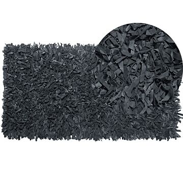 Area Rug Carpet Black Genuine Leather Shaggy Hand Woven Rectangular 80 X 150 Cm Modern Design Beliani