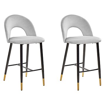 Set Of 2 Bar Chairs Grey Velvet Black Steel Retro Design Golden Ends Dining Room Beliani