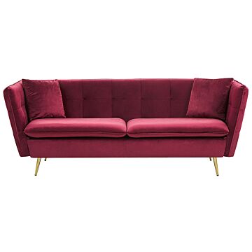 3 Seater Sofa Dark Red Velvet Fabric Upholstery Button Tufted With Gold Legs Beliani