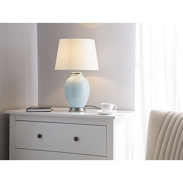 Table Lamp Bedside Light Blue Ceramic Base White Polycotton Round Empire Shade Beliani