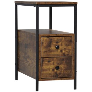 Homcom Side Table With 2 Drawers And Storage Shelf, Narrow End Table Bedside Table With Metal Frame For Small Spaces, Rustic Brown