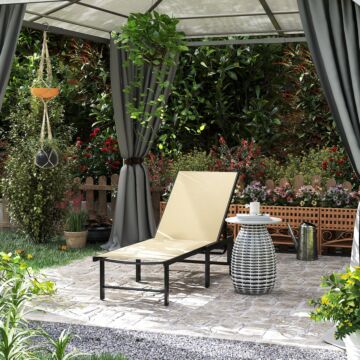 Outsunny Sun Lounger For Garden, 5-level Adjustable Reclining Sun Lounger Chair, Flat Garden Lounger Sunbed With Texteline Seat, Steel Frame For Patio, Beach, Khaki