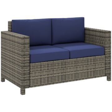 Outsunny 2 Seater Garden Furniture, Rattan Sofa With Soft Padded Cushion And Armrests, Wicker Garden Loveseat For Patio, Navy Blue