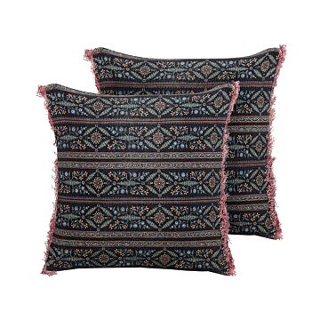 Set Of 2 Decorative Cushions Multicolour Cotton 45 X 45 Cm Velvet Flower Motif Fringed Modern Glamour Decor Beliani